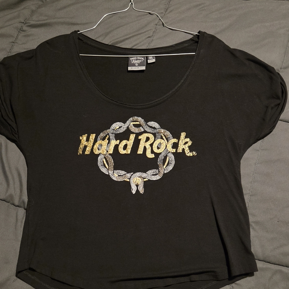 Hard Rock Cafe Women's Black Tee with Gold Logo
